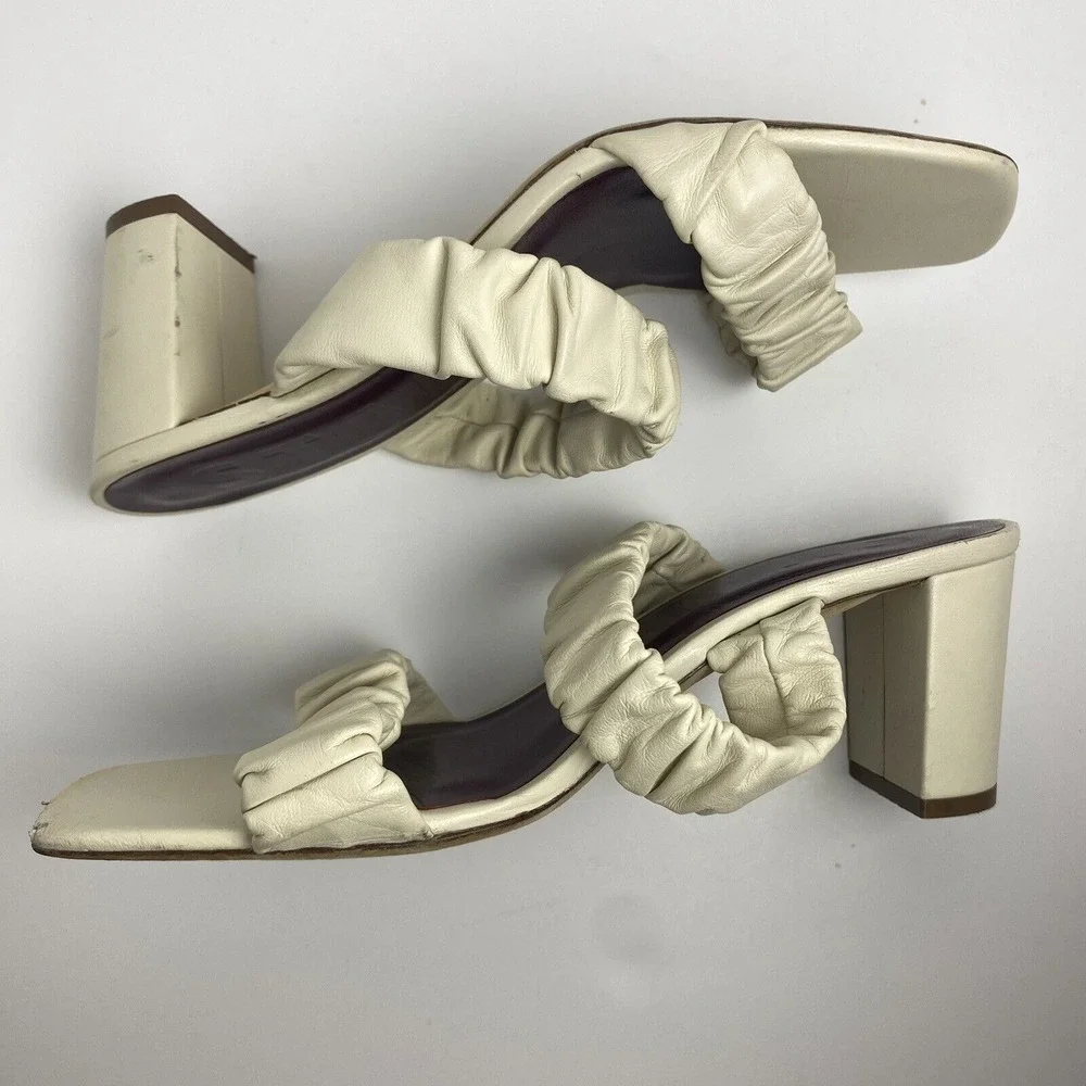 Staud Womens Size 37 Frankie Ruched‎ Leather Mules Block Heel Strap Sandal Ivory
